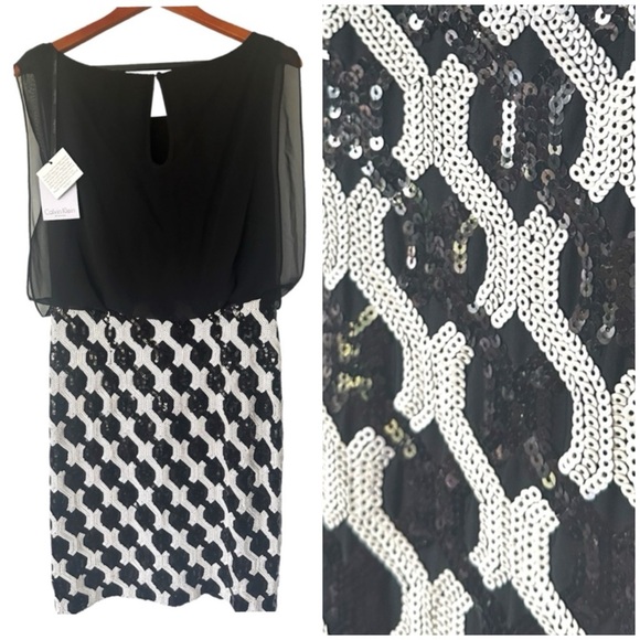 NWT Calvin Klein Black and White Sheath Sequined Mini Dress - Picture 1 of 9